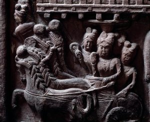 Buddhismus: „Prasenjits letzter Besuch bei Buddha“ Detail des Stupa von Bharhut. Flachrelief aus schwarzem Stein, 2. Jahrhundert v. Chr. - Kolkata, Indian Museum von Indian School