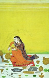 Eine Dame bereitet eine Mahlzeit vor, Miniatur aus einer Bhagavata Purana Serie, Kangra, ca. 1810