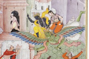 (Detail) Krishna spaltet den Dämon Narakasura mit seinem Diskus, ca. 1585-90