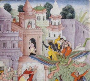 (Detail) Krishna spaltet den Dämon Narakasura mit seinem Diskus, ca. 1585-90 von Indian School