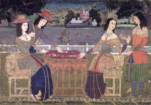 Europäer erfrischen sich auf einem Balkon, Mughal, möglicherweise Deccan (Deckfarben auf Papier)