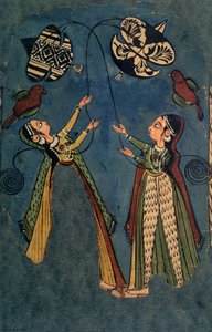 Mädchen lassen Drachen steigen, Kulu-Volksmalerei, Himachal Pradesh