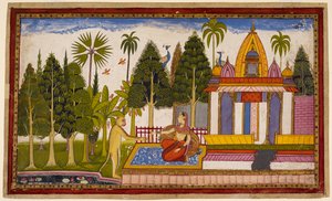 Hanuman offenbart sich Sita, bietet an, sie zu retten, aber sie besteht darauf, dass nur Rama dies tun kann, und gibt ihm ein Juwel für Rama