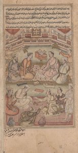 Hindu- und muslimische Gelehrte übersetzen das Mahabharata aus dem Sanskrit ins Persische, Illustration aus dem Razmnama, 1598-99 von Indian School