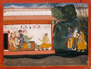 Illustration zum Bhagvata Purana, die Balarama zeigt, wie er Akrura an der Hand hält, mit seinem jüngeren Bruder Krishna, ca. 1700 von Indian School