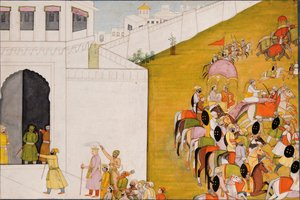 Illustration zum Ramayana: Rama betritt Mithila, um an einem Bogenschießwettbewerb teilzunehmen, ca. 1775-80 von Indian School