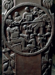 Indische Kunst, Hinduismus: Flachrelief, das Affen zeigt, die einem Riesen mit Elefanten einen Zahn herausreißen. 2. Jahrhundert v. Chr. Kolkata, Indian Museum von Indian School