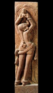 Indische Kunst: Reliefstrümpfe, die eine Mutter und ihr Kind darstellen. Periode Kouchane (Kouchan oder Kushan) 1. Jahrhundert - Neu-Delhi, Nationalmuseum