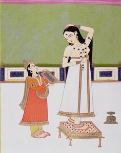 Indische Dame bei ihrer Toilette, die sich im Spiegel betrachtet von Indian School