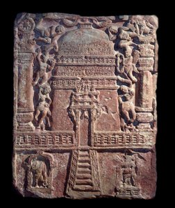 Jain-Tafel der Huldigung, aufgestellt von Vasu, der Tochter der Kurtisane Lavana Sobhika (roter Sandsteinrelief, Kushan-Reich) von Indian School