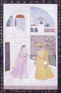 Krishna hält eine Lotusblüte, seine Geliebte in einem rosa Sari, ca. 1800 von Indian School