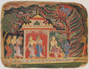 Krishna wird vom Wirbelwind-Dämon entführt, aus einem Bhagavata Purana, ca. 1520-30 von Indian School
