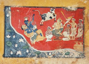 Krishna besiegt einen Dämon neben einem Fluss, ca. 1560 von Indian School