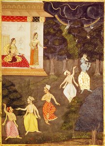 Krishna spielt die Flöte, gefolgt von vier Tänzern, Rajasthan
