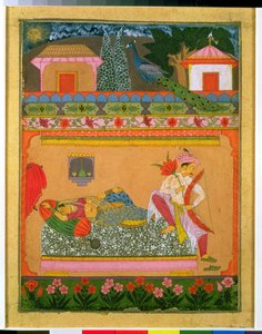 Liebende bei Tagesanbruch, Illustration des musikalischen Modus Raga Vibhasa, Norddekan oder Süd-Rajasthan, ca. 1675 von Indian School