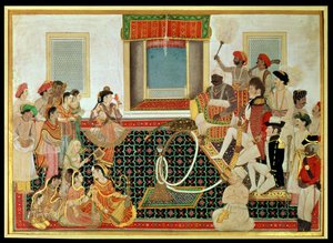 Prinz Mahadaji Sindhia unterhält einen britischen Armeeoffizier und einen Marineoffizier mit einem Nautch, ca. 1820