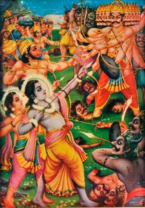 Rama und Hanuman kämpfen gegen den Dämon Ravana, Szene aus dem Ramayana