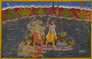 Ravana kämpft gegen den Mahapurusha, den Weisen Kapila, der ihn besiegt von Indian School