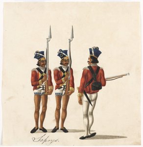 Sepoys und ein indischer Offizier, Bengalische Armee, ca. 1815