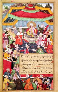 Der König auf seinem Thron umgeben von seinen Höflingen, aus dem Baburnama (Memoiren von Babur) 1530 von Indian School
