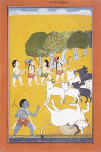 Der junge Krishna tötet den Dämon Vatsasura, der in der Gestalt eines Kalbs kam, ca. 1730-1740