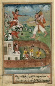 Ein Dämon greift ein von europäischen Soldaten verteidigtes Fort an von Indian School
