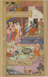 Valmiki unterrichtet Kusa und Lava in der Rezitation des Ramayana vor dem Anlass eines Opfers im Palast von Rama