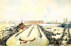 Pferderennen auf dem zugefrorenen Fluss Newa in St. Petersburg, Russland, 1859
