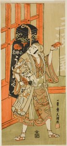 Der Schauspieler Matsumoto Koshiro III als Kyo no Jiro verkleidet als Uiro (Allheilmittel) Händler aus dem Stück Kagami-ga-ike Omokage Soga, aufgeführt im Nakamura-Theater im ersten Monat, 1770 von Ippitsusai Bunchō