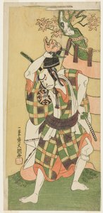 Der Schauspieler Nakamura Nakazo I als Yamaoka no Saburo in "Momiji Kumo Nishiki no Tsuri Yogi" (Ahornwolken: Ein Brokat von Decken), Akt Drei des Stücks Kawaranu Hanasakae Hachi no Ki (Der immerblühende Topfbaum), aufgeführt im Nakamura Theater von Ippitsusai Bunchō