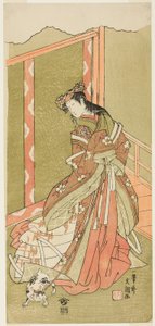 Der Schauspieler Nakamura Noshio I als die dritte Prinzessin (Nyosan no Miya) im Stück Fuki Kaete Tsuki mo Yoshiwara (Neues Dach: Der Mond scheint auch über das Vergnügungsviertel Yoshiwara), aufgeführt im Morita-Theater ab dem ersten Tag des elften Monats von Ippitsusai Bunchō