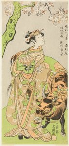 Der Schauspieler Segawa Kikunojo II als Kurtisane Maizuru im Stück Furisode Kisaragi Soga, aufgeführt im Ichimura Theater ab dem zwanzigsten Tag des zweiten Monats, 1772