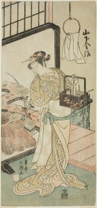 Der Schauspieler Yamashita Kinsaku II als Oume, Frau von Kisaku, im Stück Nue no Mori Ichiyo no Mato, aufgeführt im Nakamura Theater im elften Monat, 1770 von Ippitsusai Bunchō