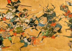Mittlere zwei Tafeln, die Szenen aus der Schlacht von Osaka darstellen, Japan, 2005 von Ira Block