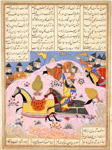 Malik hebt Abul Mihjan aus dem Sattel. Aus Khavarannama Das Buch des Ostens von ibn Husam al-D von Iranian Master