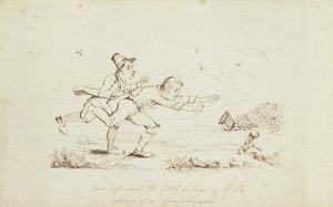 Über Pop ging der kleine Kerl mit dem Sprung eines Grashüpfers, Buchillustration zeigt zwei Iren, die einen Leprechaun jagen, 19. Jahrhundert (Feder und Tinte auf Papier) von Irish School