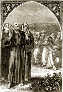 St. Columba singt und wird von den Druiden angegriffen, aus The Trias Thaumaturga, oder Drei Wunderwirkende Heilige von Irland, von Mary Cusack (1829-99) veröffentlicht um 1890 von Irish School