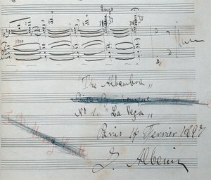 Notenblatt für die Klaviersuite „La Vega“ mit Autogramm von Isaac Albeniz (1860-1909), spanischer Komponist und Pianist. Manuskript vom 14. Februar 1897. Nationalbibliothek von Katalonien.