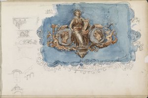 Vignette mit sitzender Frau und zwei Porträts von Isaac Gosschalk