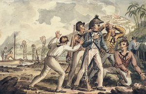 Kapitän Burney entdeckt seine ermordeten Schiffskameraden, aus den Reisen von Kapitän Cook von Isaac Robert Cruikshank