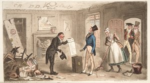 College-Komfort, ein Neuling bezieht seine Zimmer, aus The English Spy, veröffentlicht 1824 von Isaac Robert Cruikshank