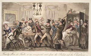 Familienmänner im Fehler, oder ein unerwarteter Besuch vom Bischof und seinen Kaplänen, aus The English Spy, veröffentlicht 1824 von Isaac Robert Cruikshank