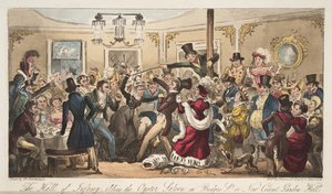 Die Halle der Schande, alias Austern-Salon in der Brydges-Straße, oder Neue Covent Garden Hölle, aus The English Spy, veröffentlicht 1824 von Isaac Robert Cruikshank