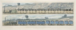Reisen auf der Liverpool und Manchester Railway: Ein Zug der ersten Klasse mit der Post und ein Zug der zweiten Klasse für Außenpassagiere, graviert von S.G. Hughes
