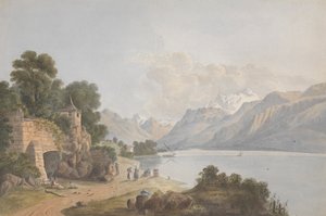 Gebirgige Landschaft mit See, Tor und Figuren