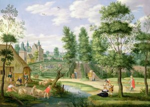 Figuren im Garten eines Landhauses von Isaak van Oosten