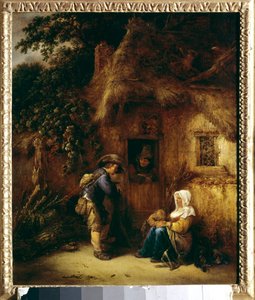 Gespräch vor einem Bauernhaus. Gemälde von Isaac Van Ostade (1621-1649)