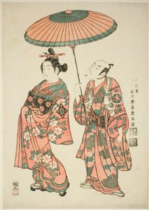 Die Schauspieler Nakamura Kiyosaburo I als Matsuyama und Ichimura Kamezo I als Wanya Kyubei im Stück "Yoritomo Gunbai Kagami," aufgeführt im Ichimura-Theater im elften Monat, 1749 von Ishikawa Toyonobu