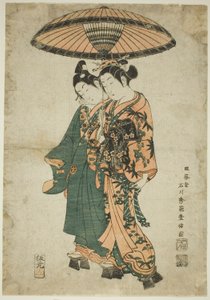 Die Schauspieler Sanogawa Ichimatsu I und Segawa Kikunojo I als Liebende unter einem Regenschirm von Ishikawa Toyonobu