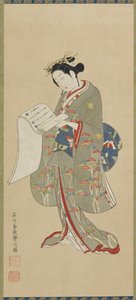 Junge Frau, die einen Brief liest, Edo-Zeit, 1711-1785 von Ishikawa Toyonobu